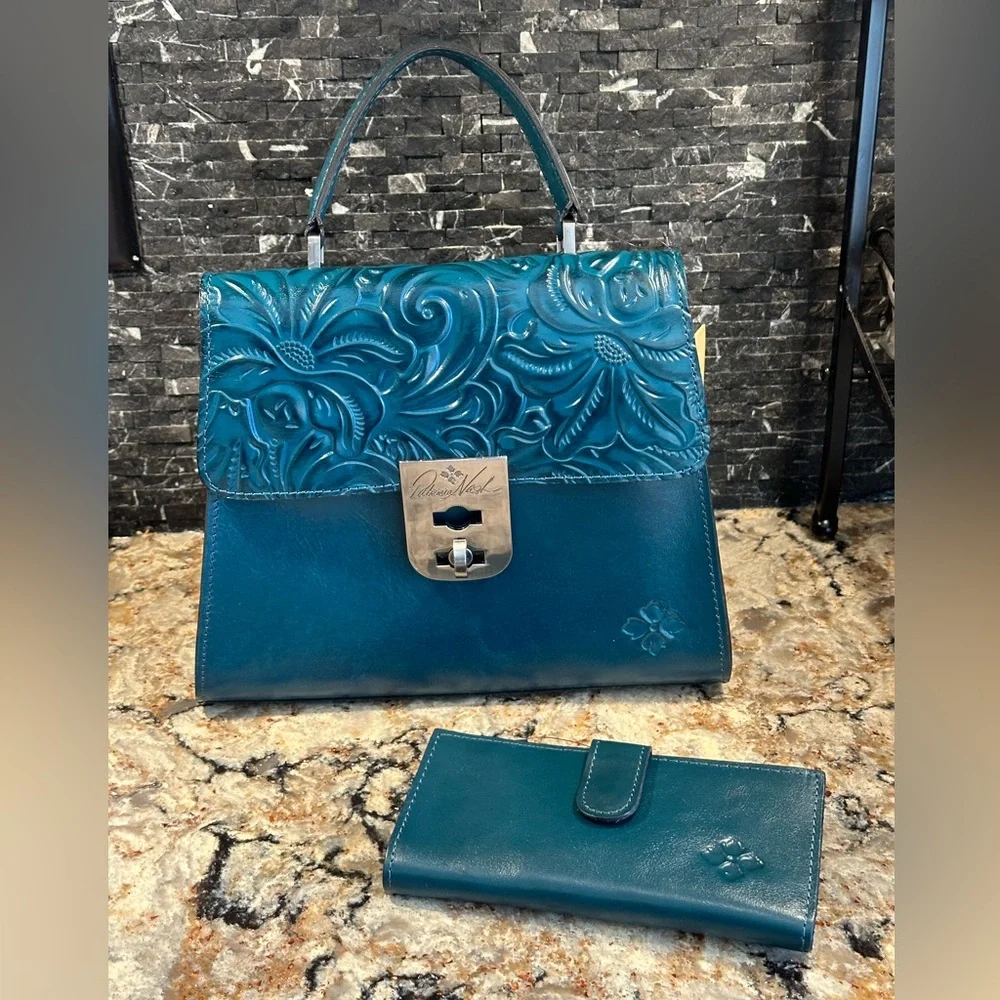 Patricia Nash-Chauny-Satchel Crossbody-Blue Coral-Tooled Leather-Purse & Wallet - Picture 1 of 15